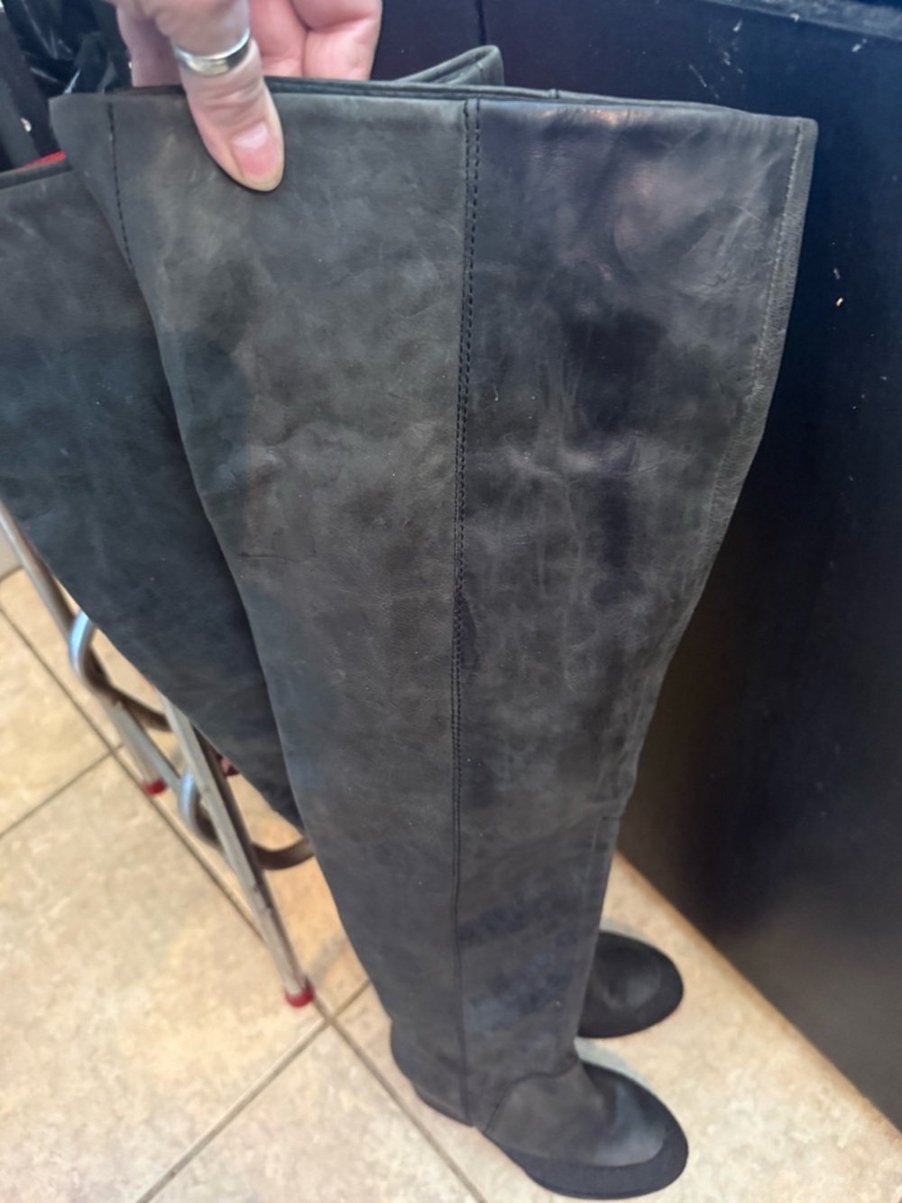 Free People  Tall Black gray Over-the-Knee Leather Boots 27 3/4” hi 3” heel fab